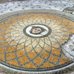 The maginificent mosaic of Medusa at the center of the circular temple.